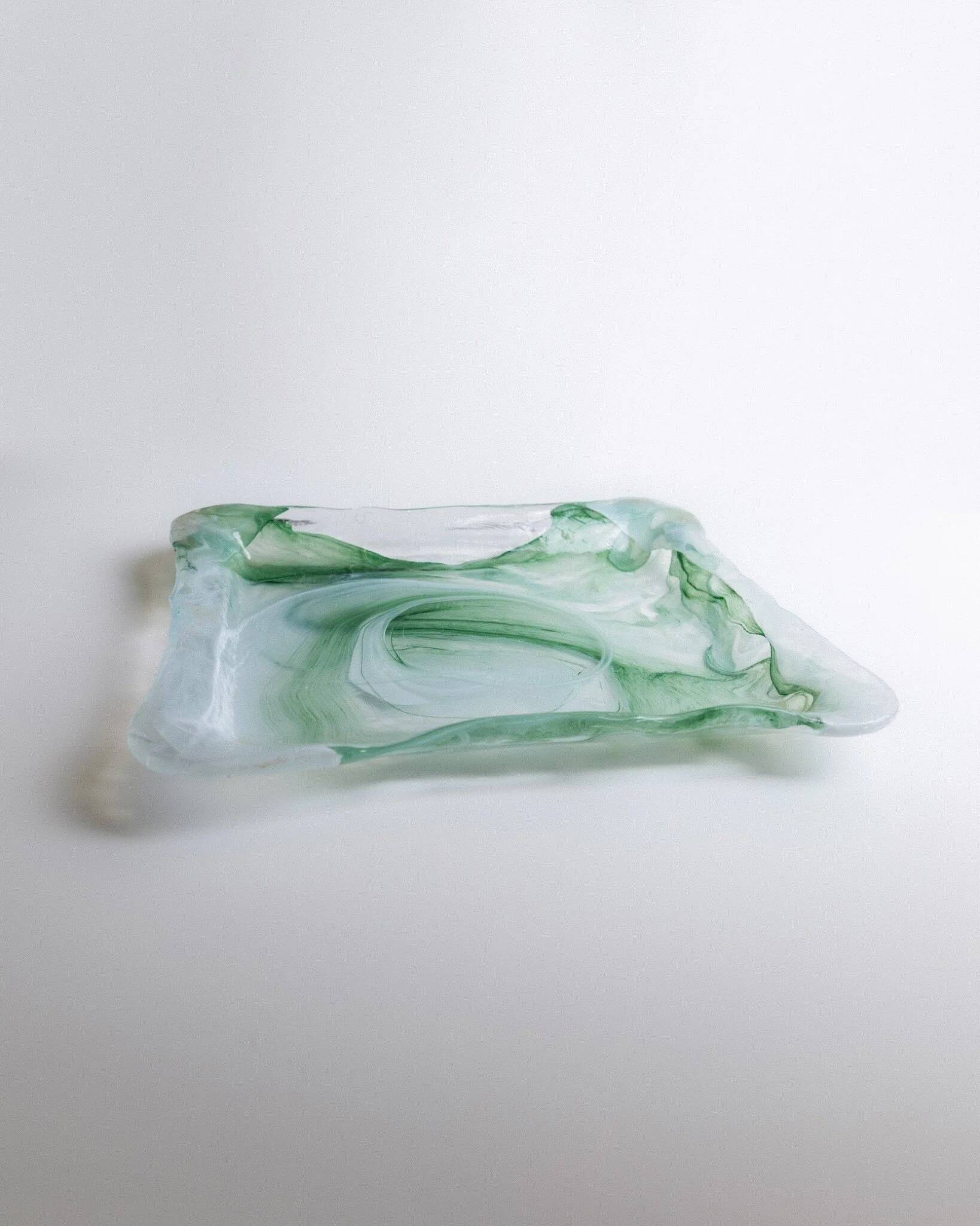 Vintage Murano Glass Tray in Green and White Swirls - Handmade Italian Glass, Mid-Century 1970s