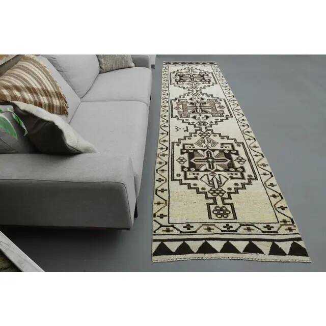 1970s Vintage Turkish Handmade Wool & Cotton Beige Runner Rug 96x361