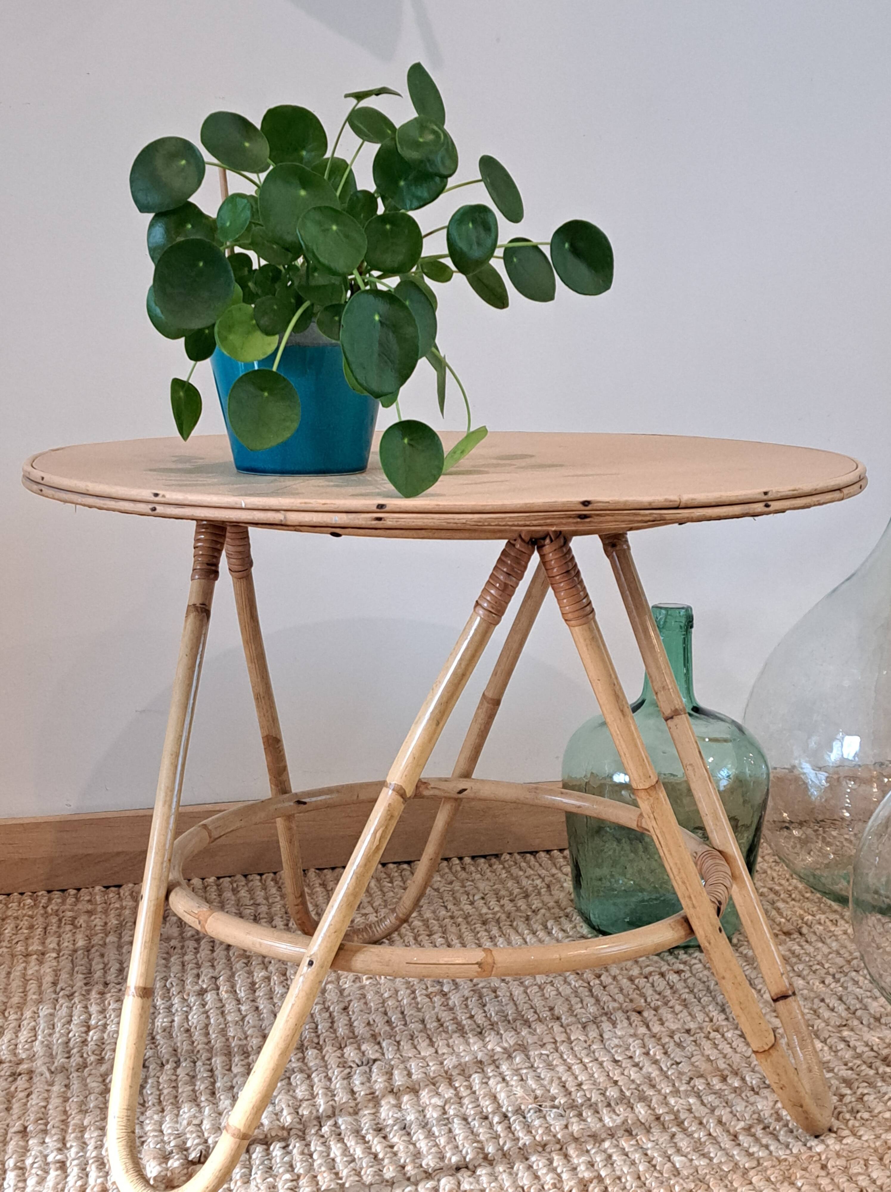 Vintage round bamboo and rattan table