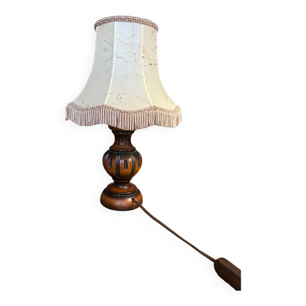 Lampe Vintage avec Abat-Jour en Tissu et Pied en Bois Sculpté