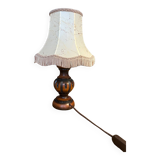 Vintage Lamp with Fabric Shade and Carved Wooden Base