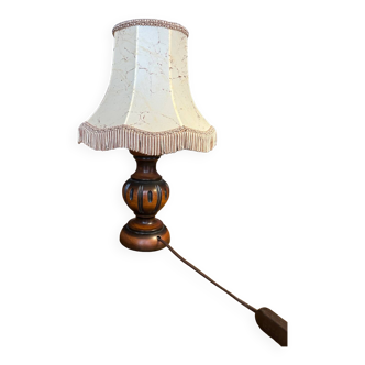 Vintage Lamp with Fabric Shade and Carved Wooden Base