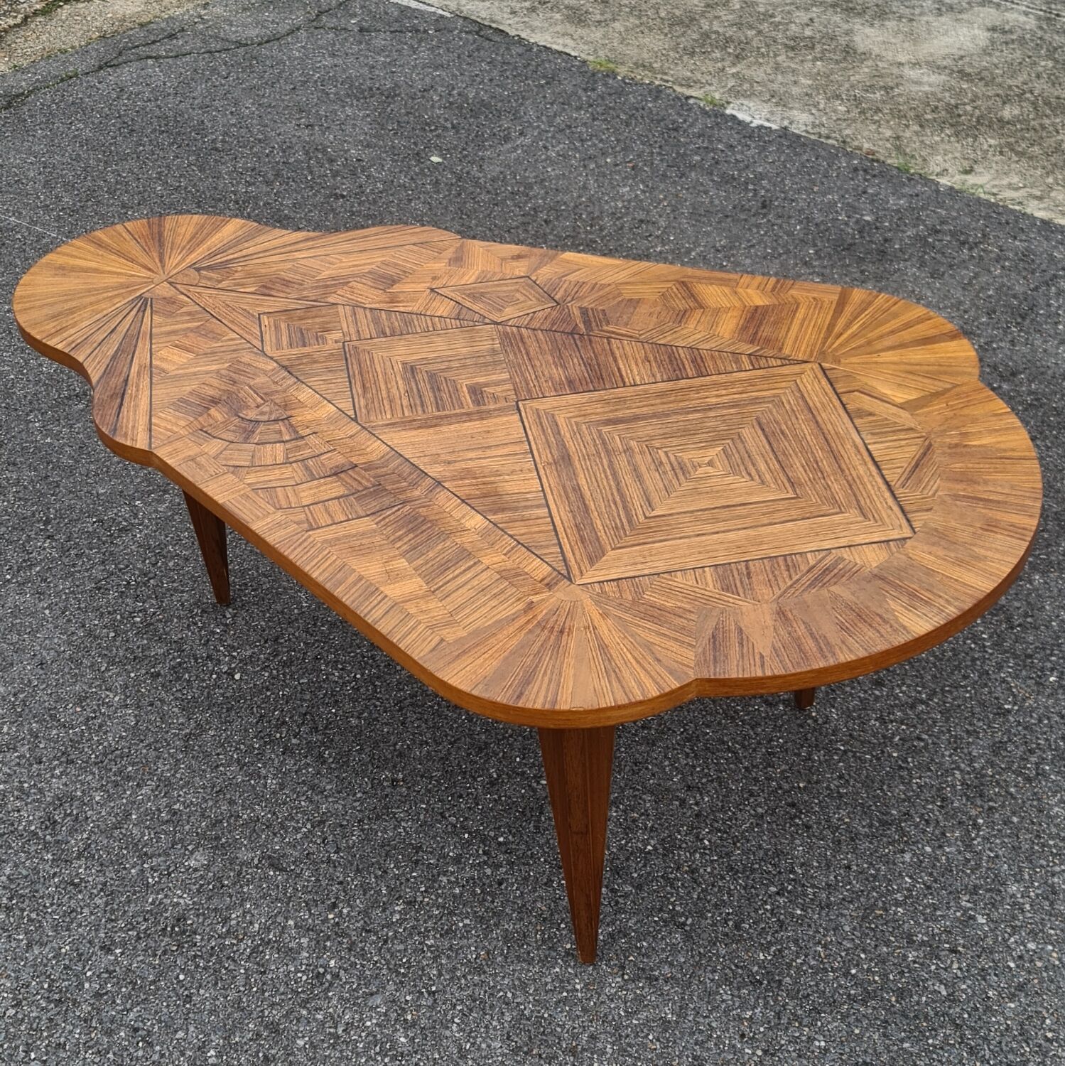 Vintage art deco coffee table with geometric marquetry