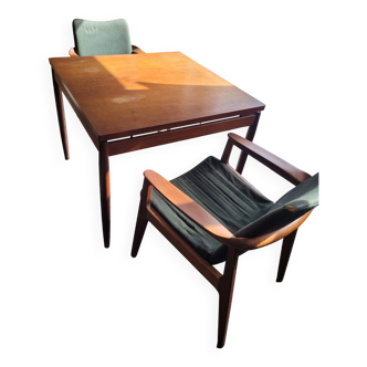 Set of 2 armchairs and square teak table 1960