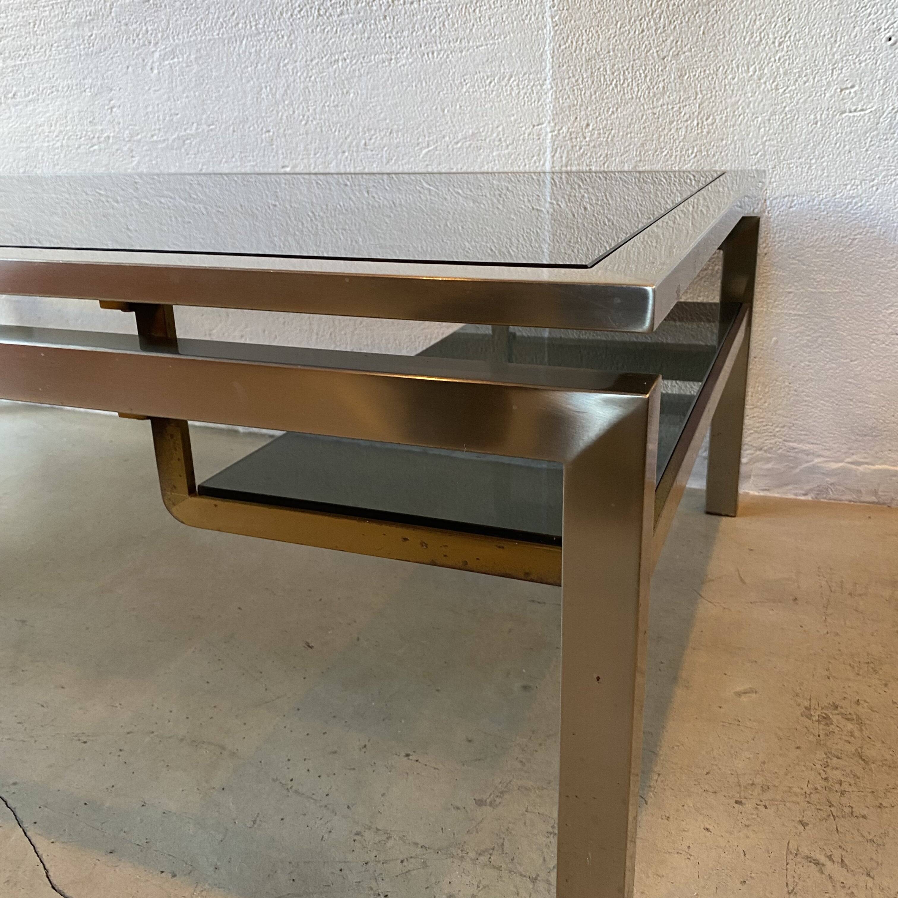 Guy Lefèvre Coffee Table for Maison Jansen, Brushed Steel and Brass