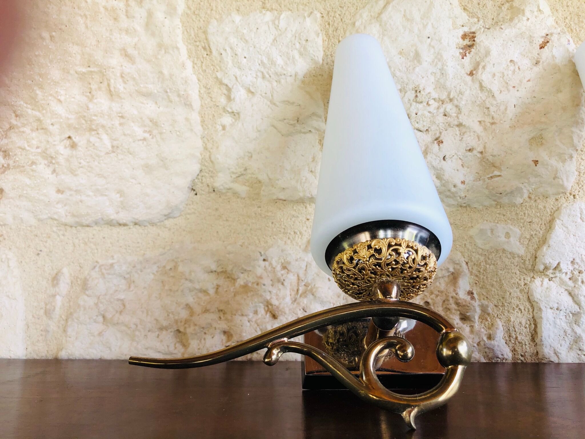 Pair of wall sconces in opaline and brass 60s