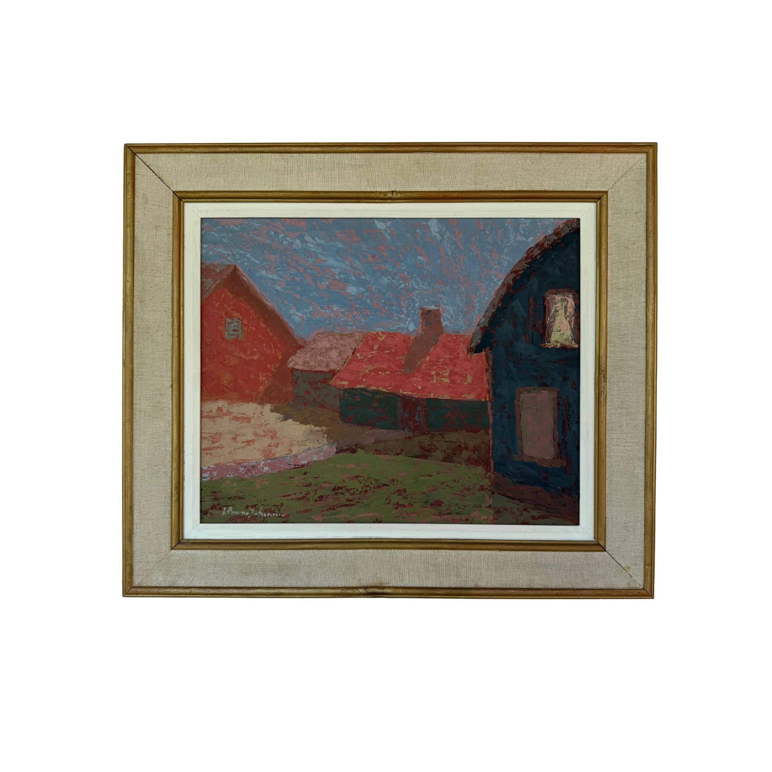 Vintage village landscape painting – Oil on canvas signed – 1960s-70s