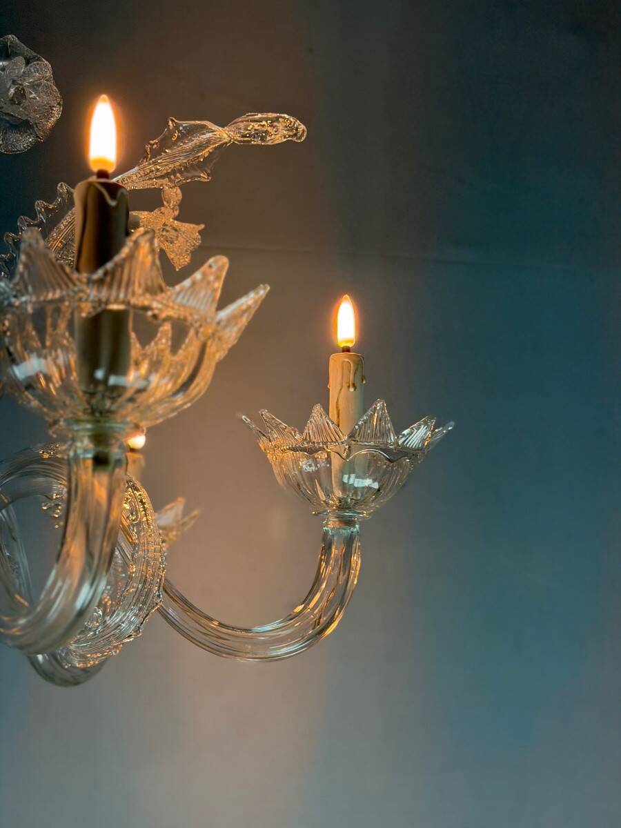 Venetian chandelier in colorless Murano glass with 6 light arms, circa 1930