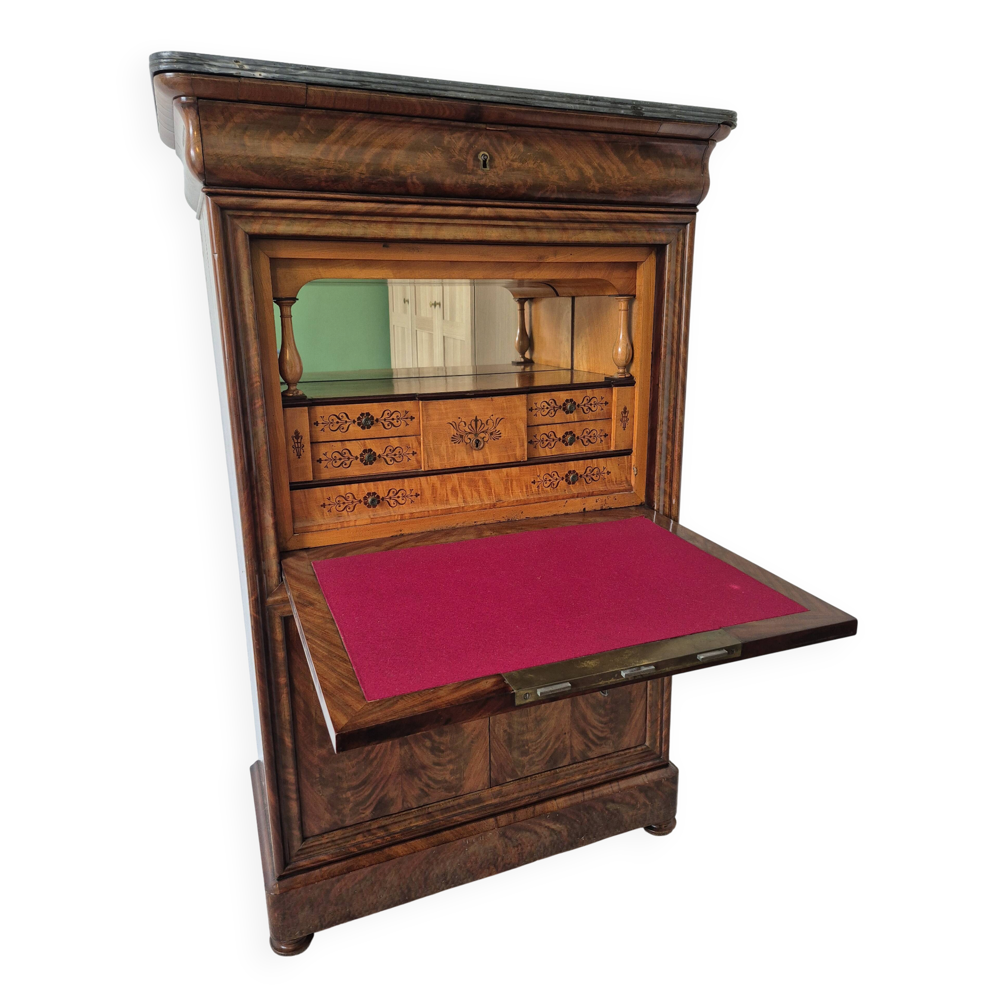 Mahogany secretary desk with marble top and interior mirror.