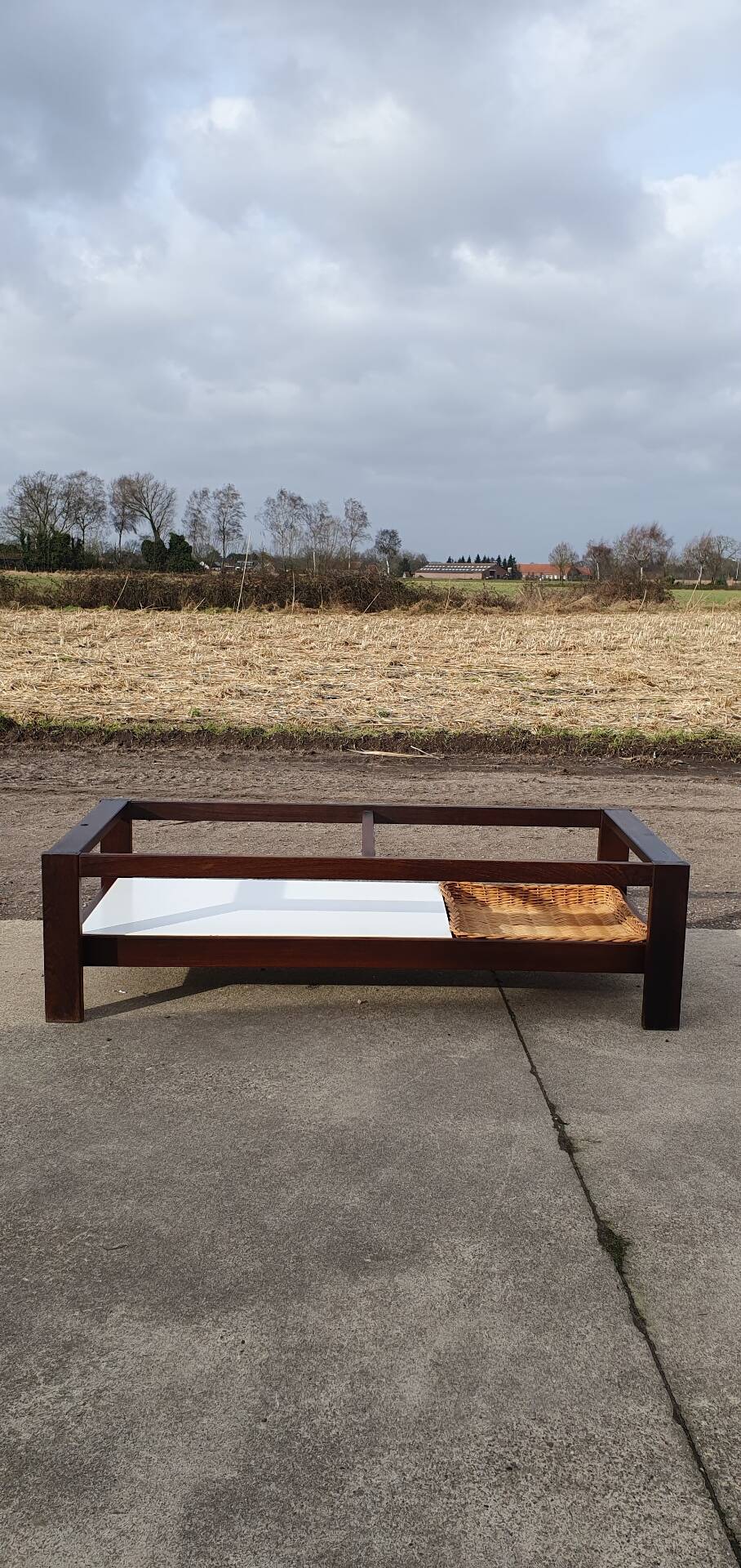 Vintage 1970s coffee table 137 cm wenge smoked glass  wicker basket