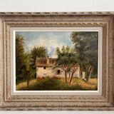Old oil painting on cardboard landscape with house signed