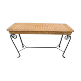 Table console fer forgé et rotin tressé