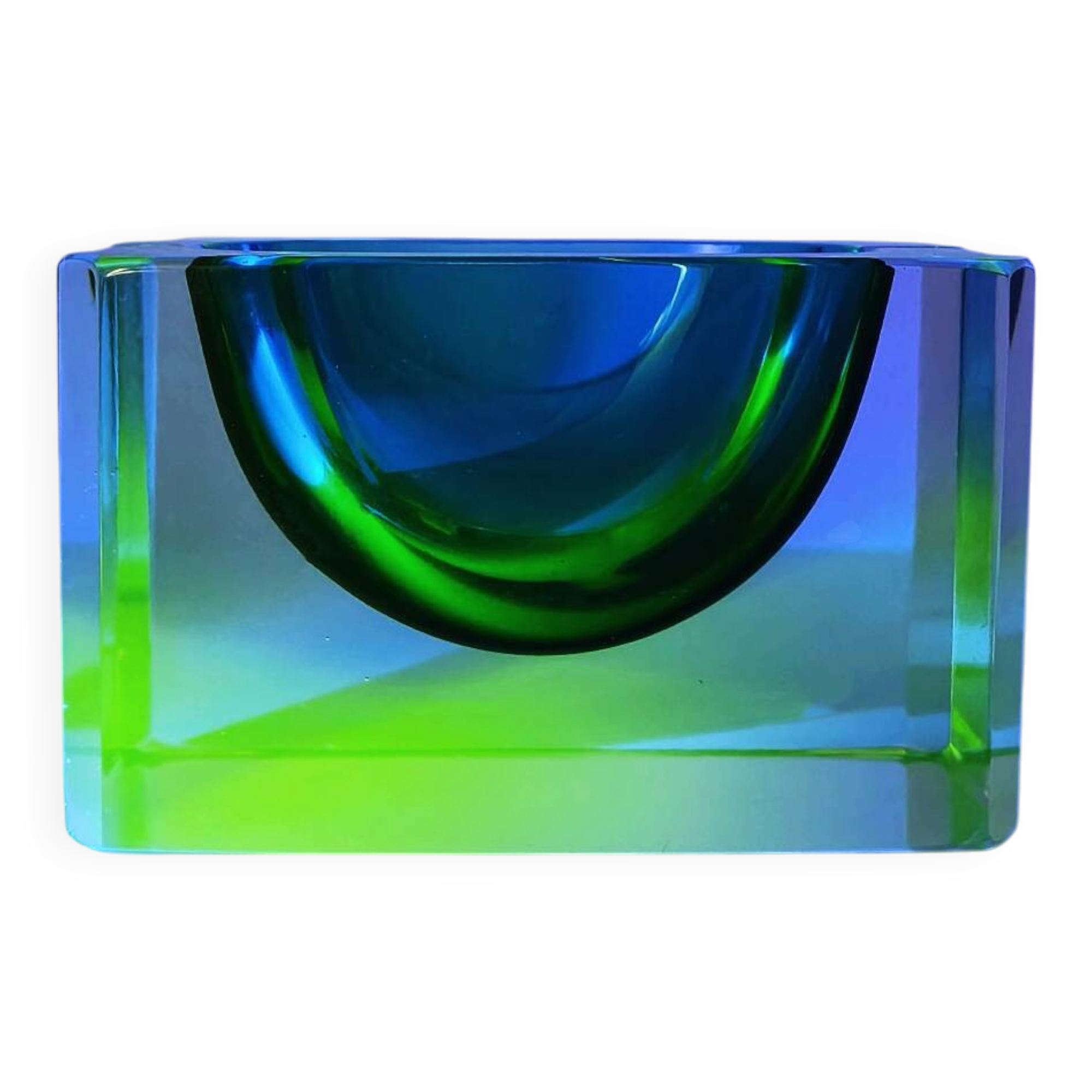 1960s Rare Rectangular Uranium Multifaceted Ashtray in Murano Glass