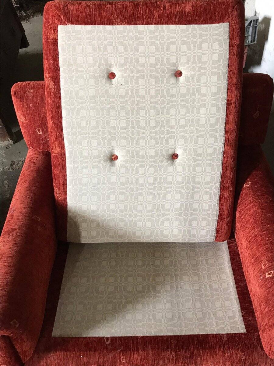 Set of 2 red Mid-Century fabric armchairs, 1960s — complete restoration