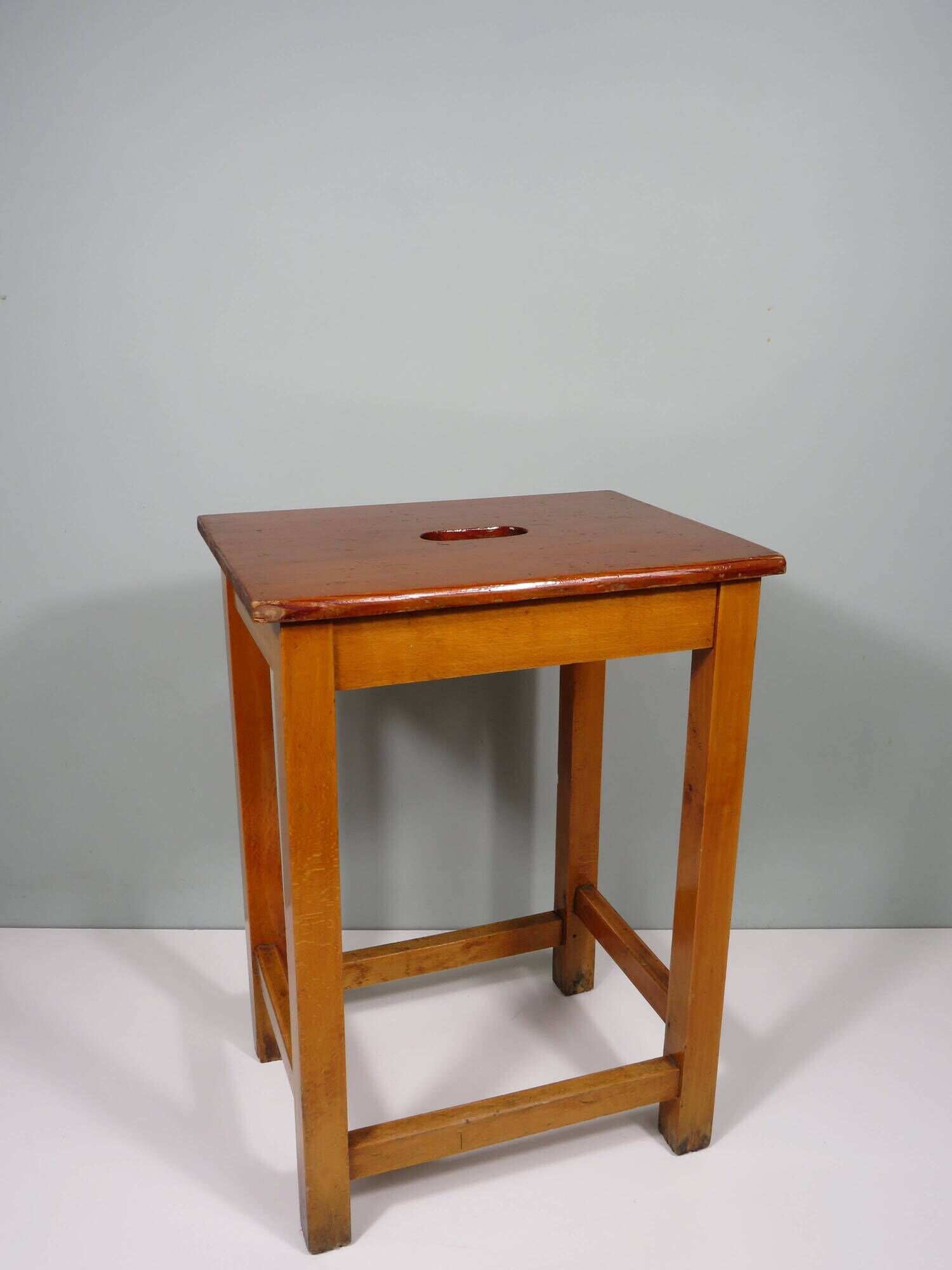 Vintage handmade workshop stool with handle, Belgium 1960