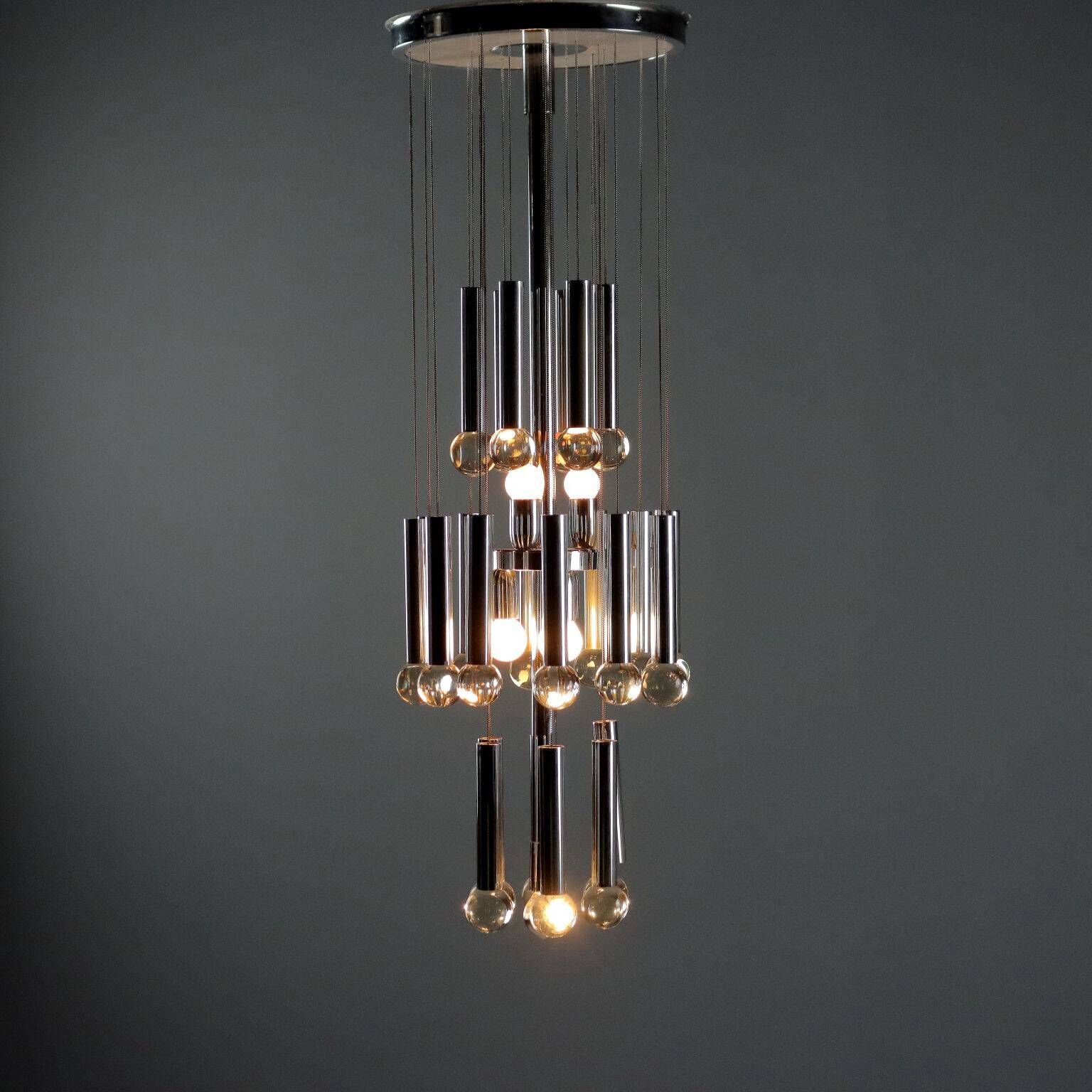 Vintage Italian chandelier, chrome-plated metal and glass design, original