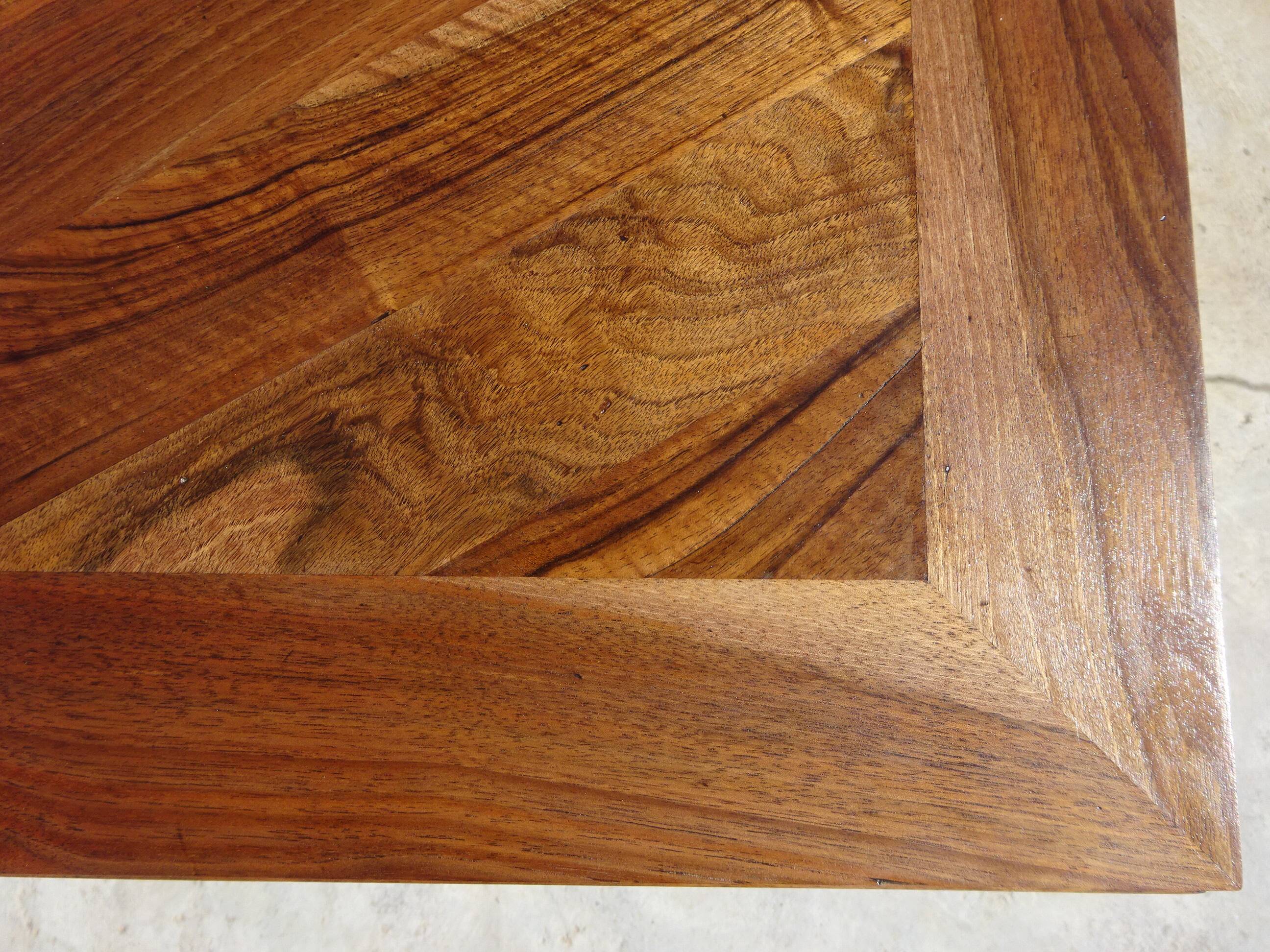 Walnut table with wood marquetry, 2 extensions.