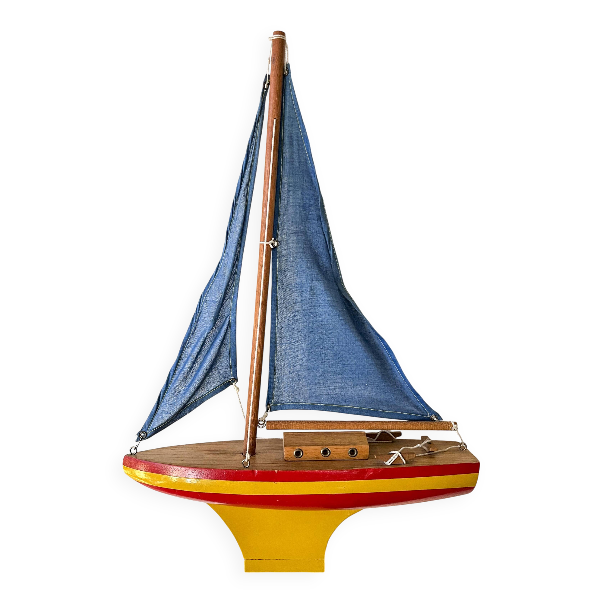 Wooden sailboat, cotton sails, vintage toy