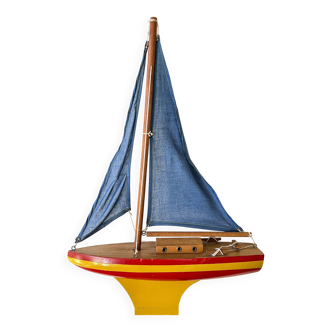Wooden sailboat, cotton sails, vintage toy