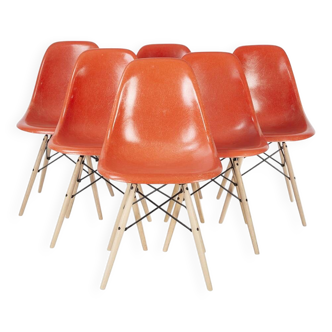 Orange Set (6) Herman Miller Original Eames DSW Dining Side Shell Chairs