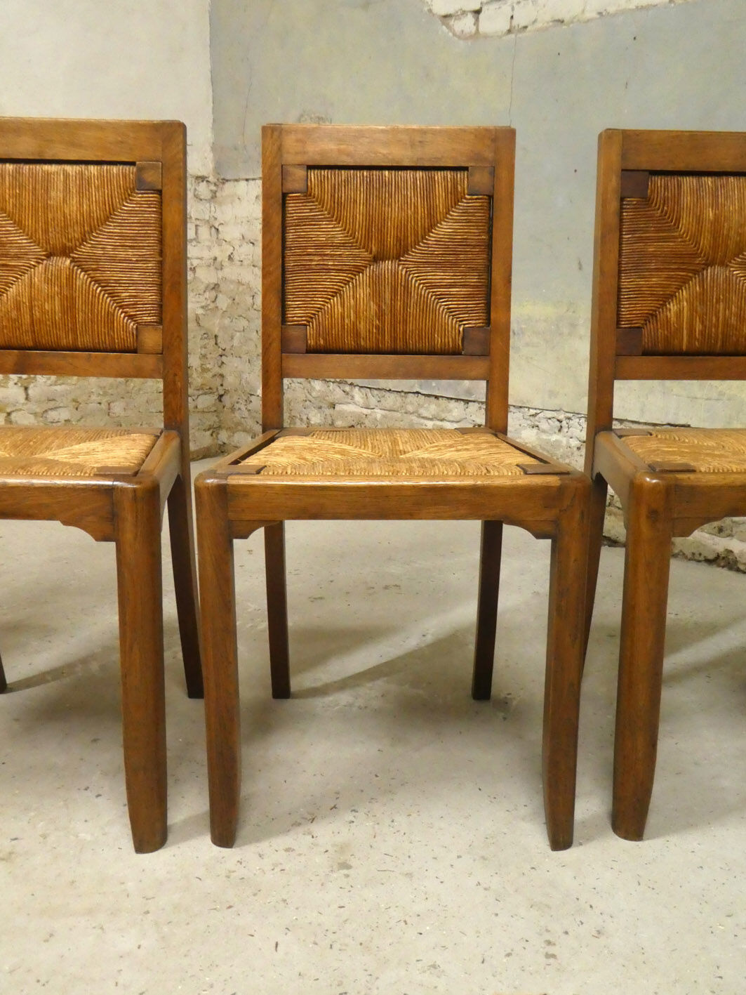 Set of 4 oak and straw chairs, 1950