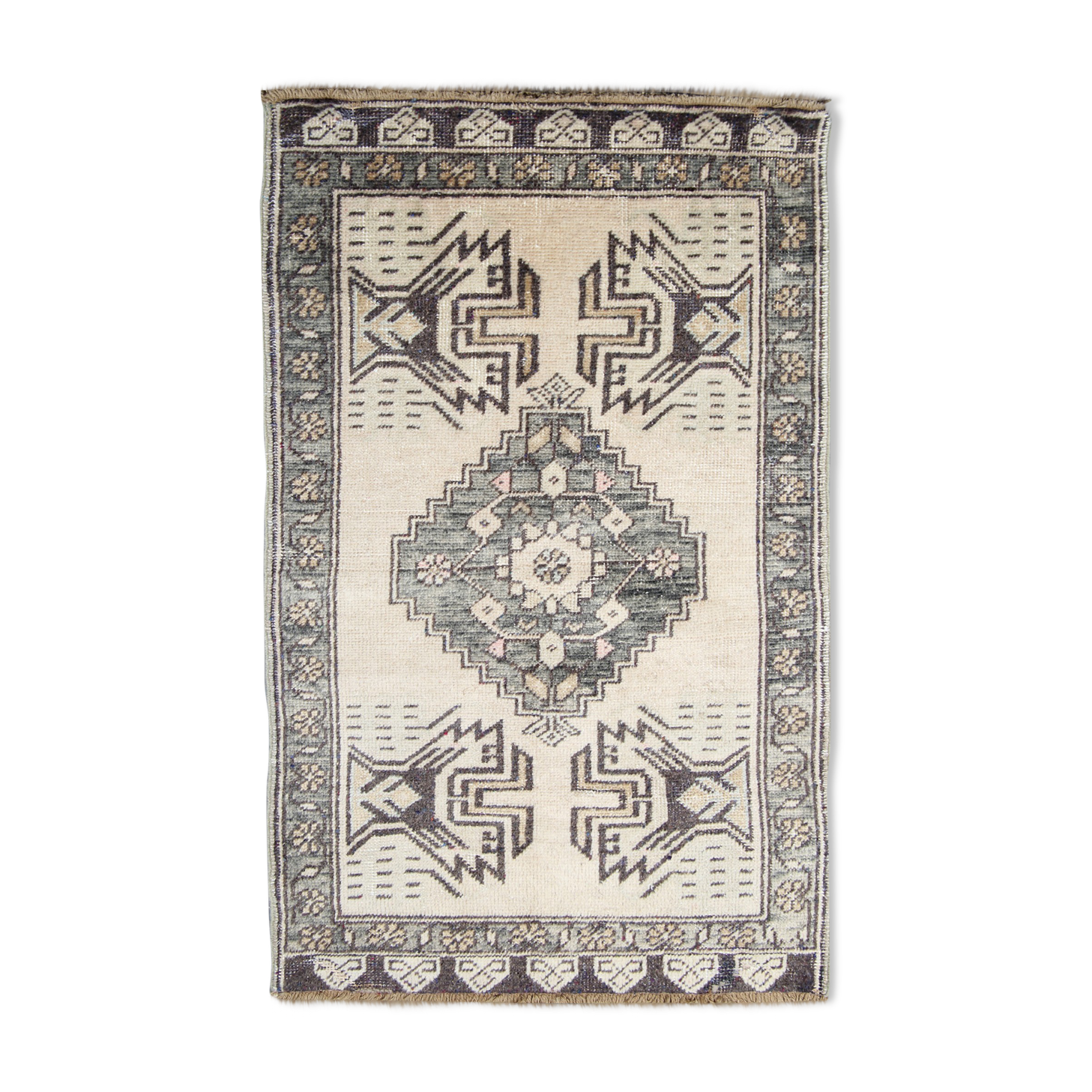 Turkish rug, handmade cream wool 54x116cm
