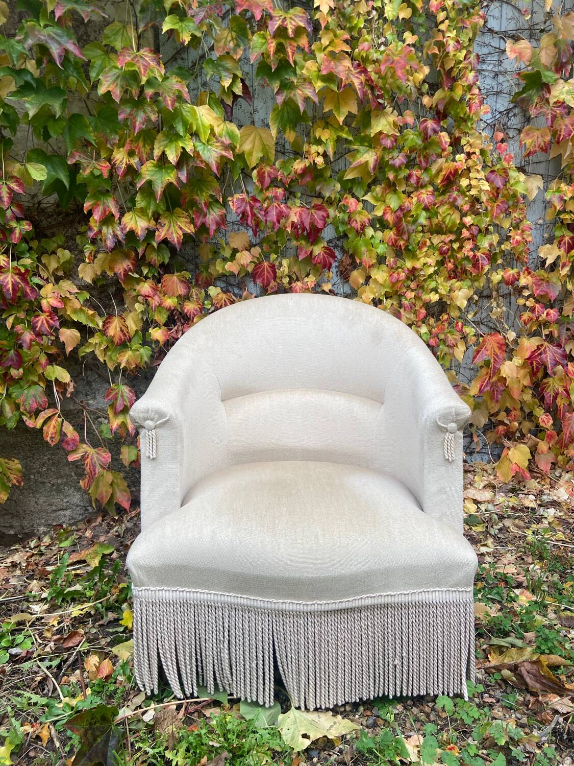 Old toad armchair in beige velvet