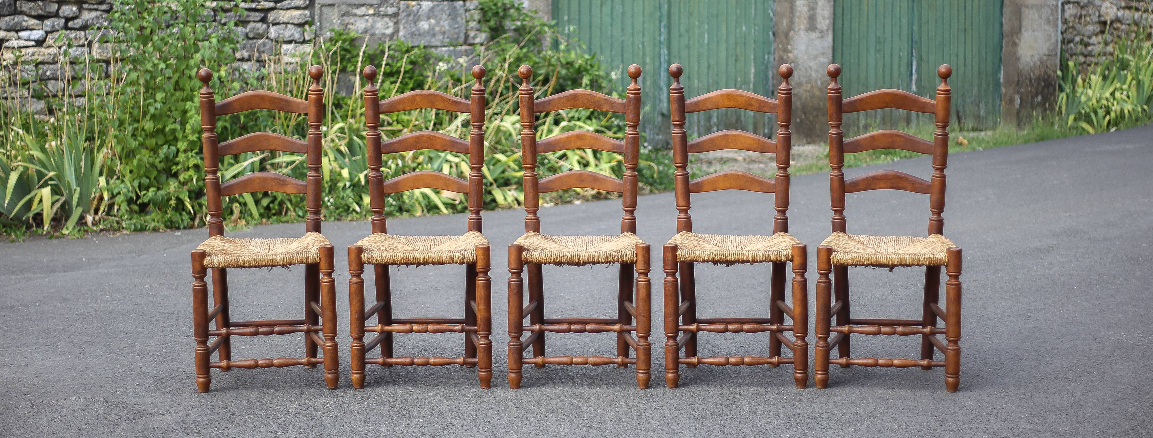 Set of 5 vintage wooden and straw chairs, straw chair, countryside