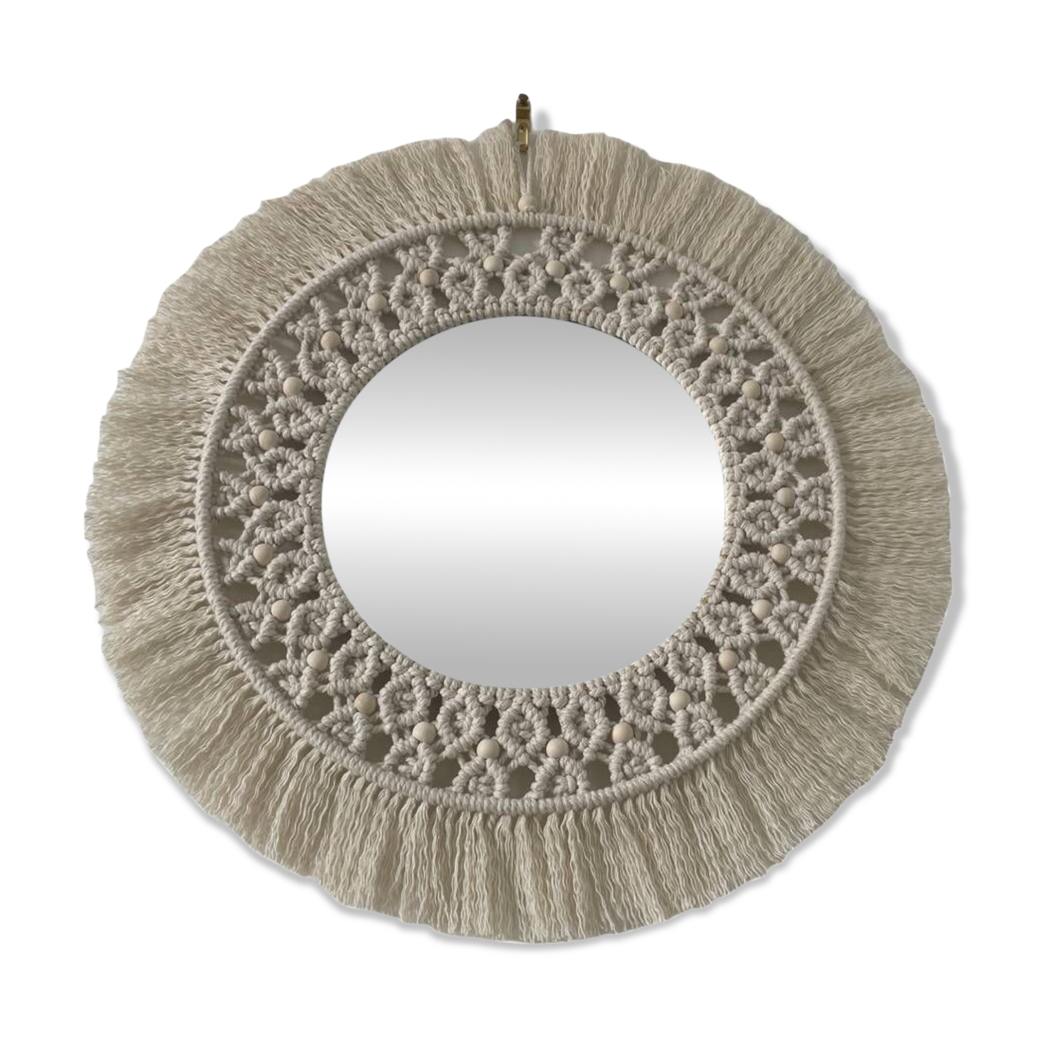 Miroir bohème en macramé et perles de bois