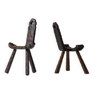 Set of 2 Brutalist tripod stools from Spain, designed in the 1960s.