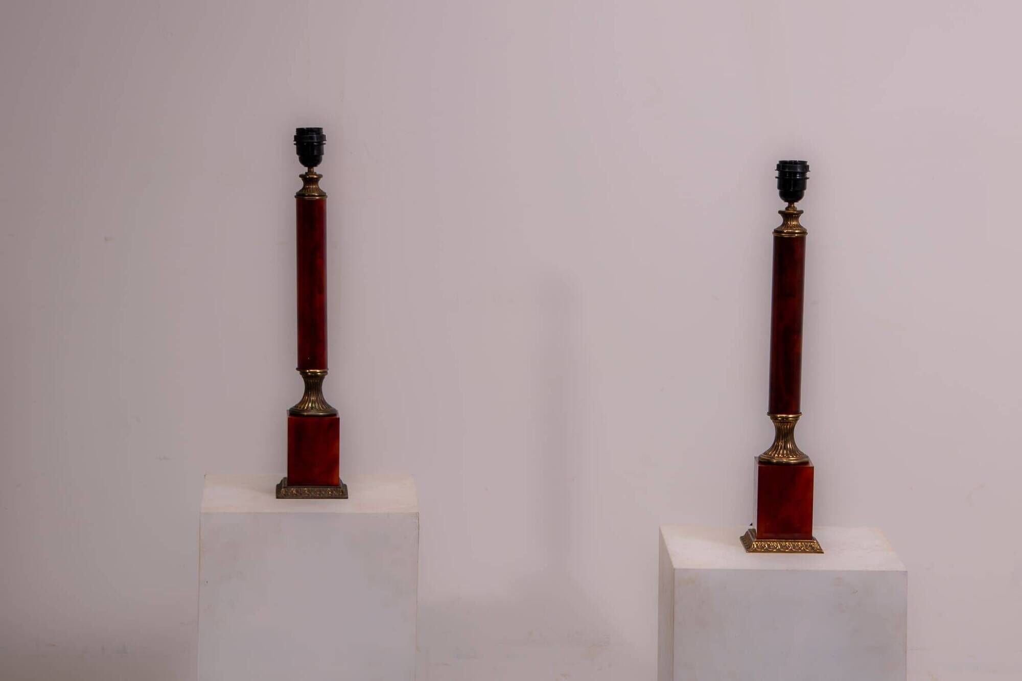 Set of French Empire style lamps made from amber bakelite and brass
