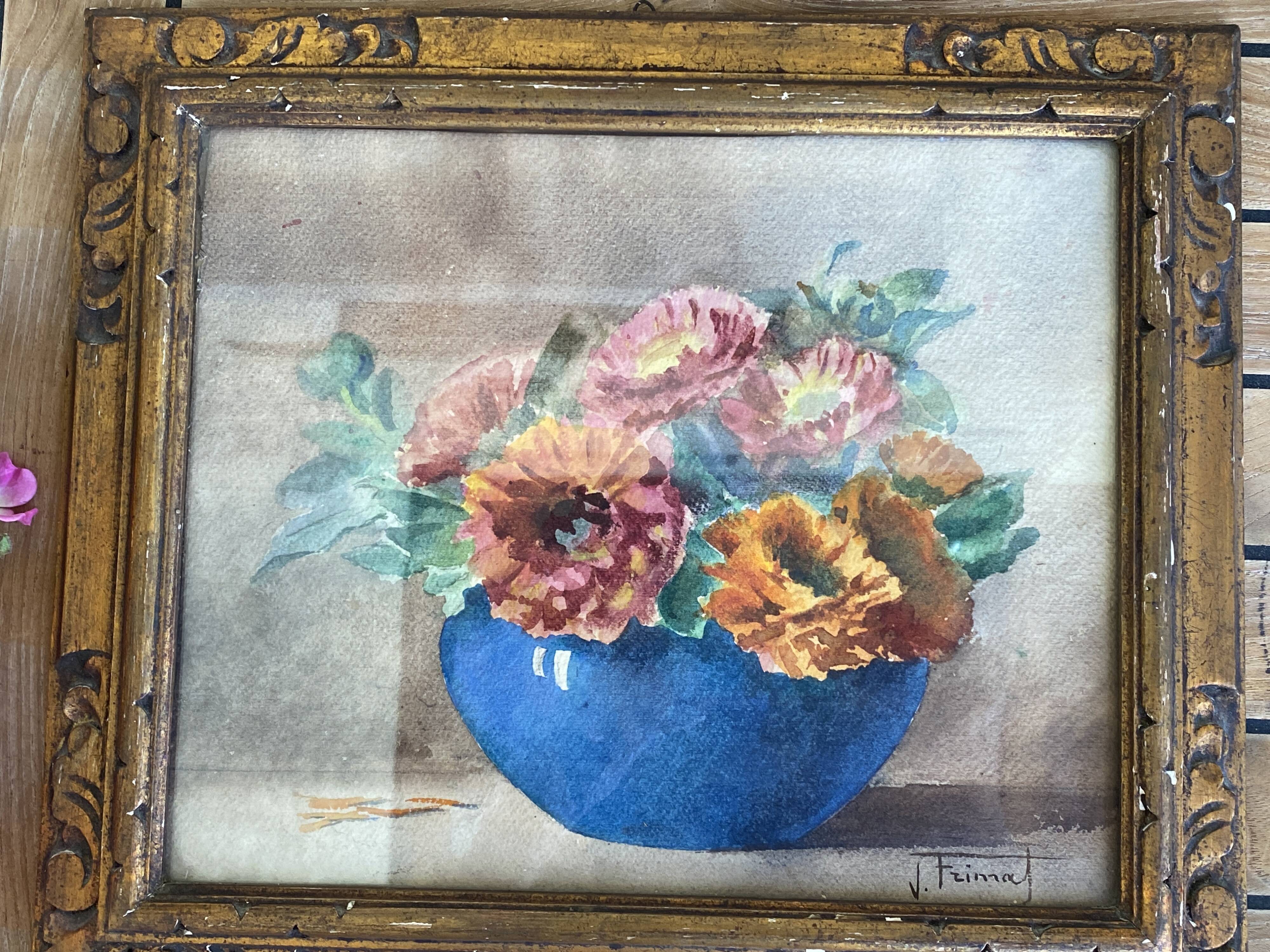 Aquarelle "bouquet de zinias" signée ancienne