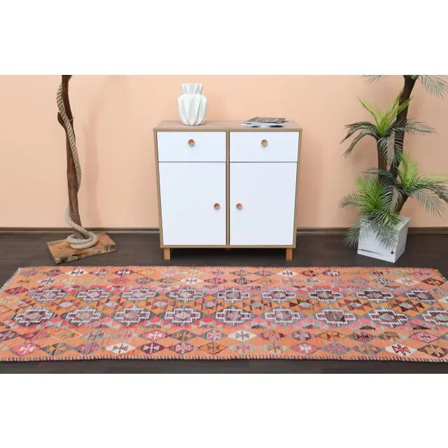 Vintage Turkish Oushak Handmade Wool Cotton Orange Runner Rug 98x282