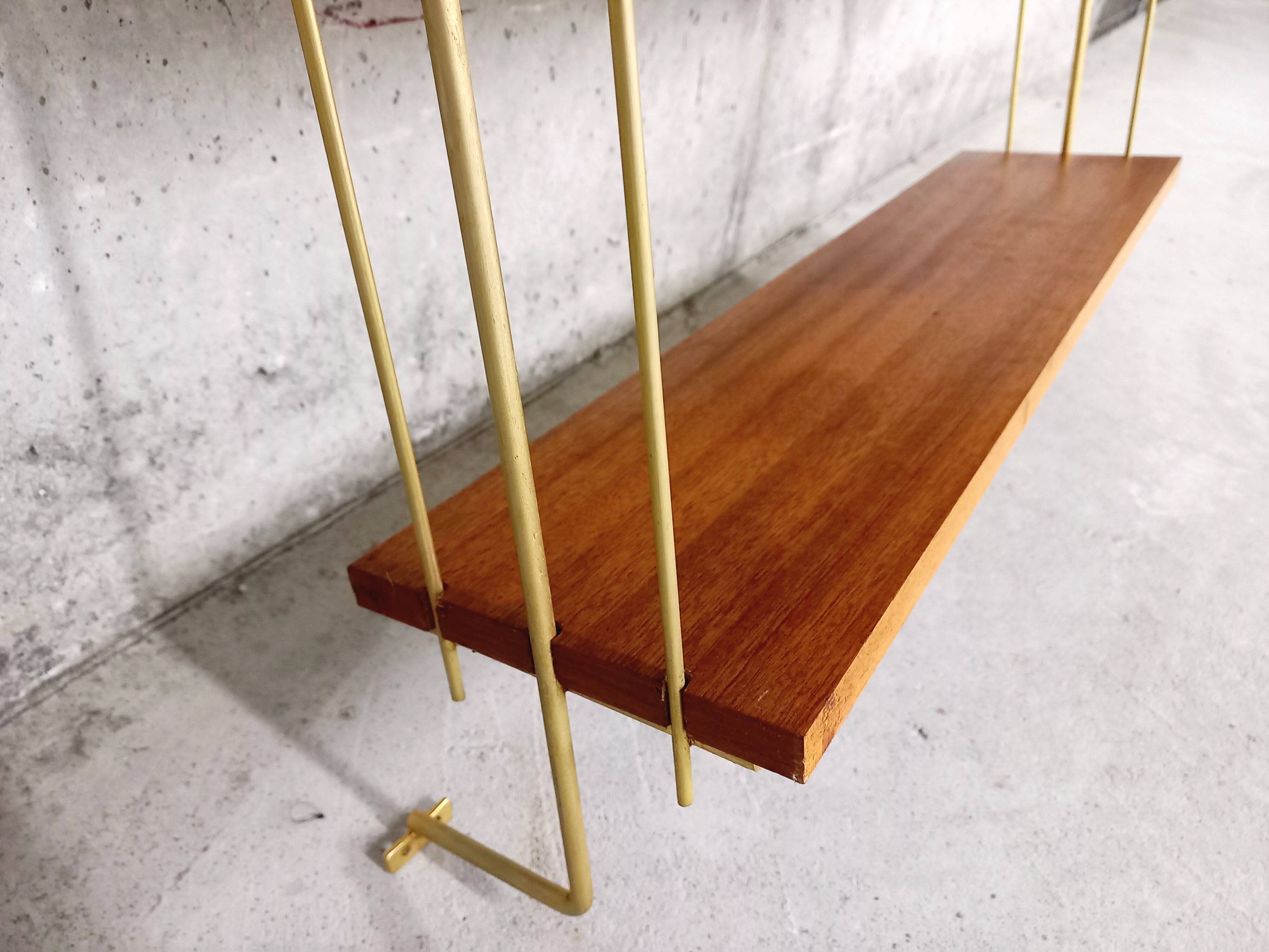 Vintage wall shelf in teak and golden brass String Tomado style