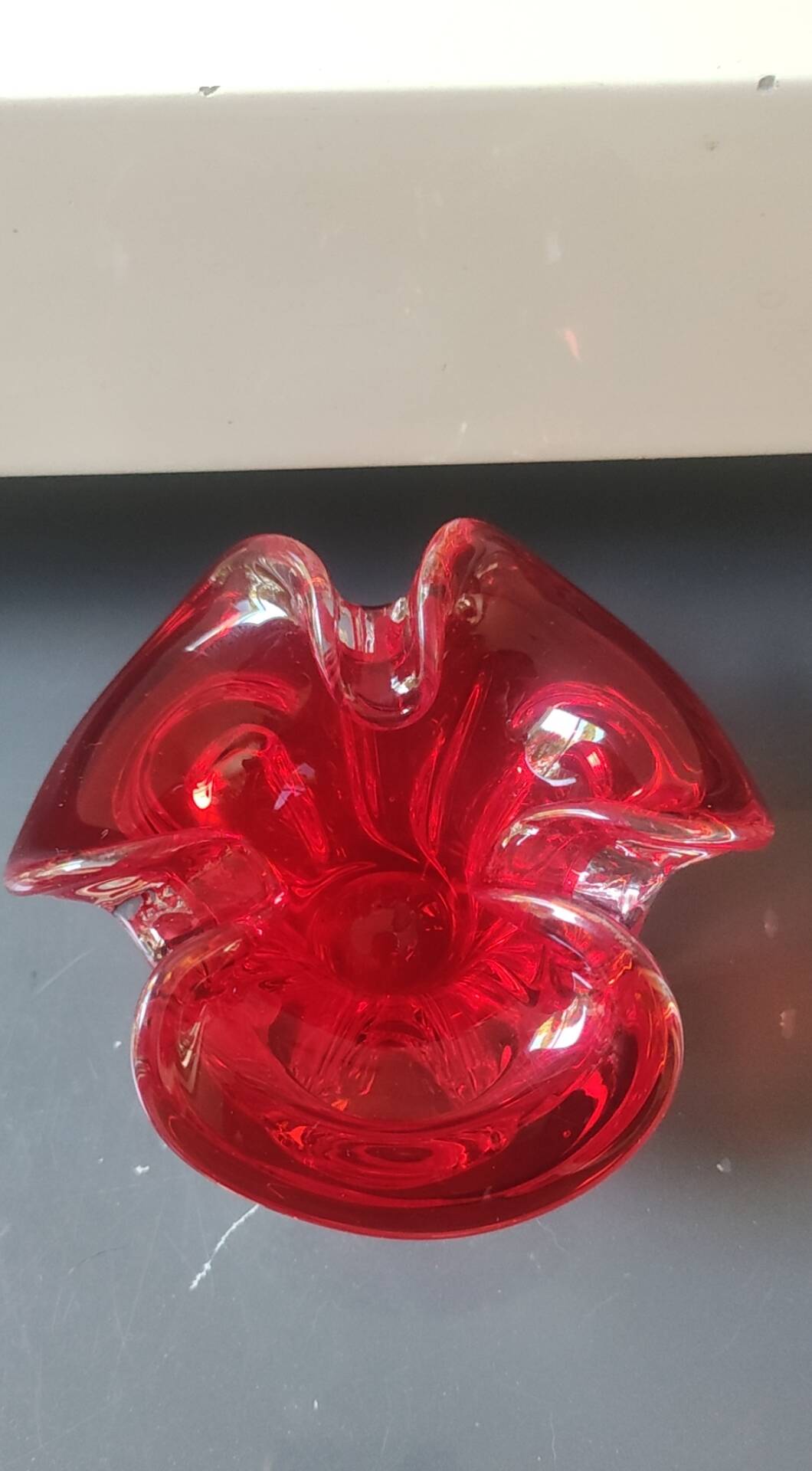 Murano Ashtray/Tray. Organic floral shape. Ruby red, 14cm.
