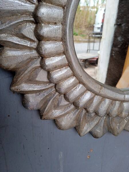 Carved wood sun mirror 40cm silver ep 1960