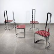 Postmodern chairs in chromed steel and red wood, set of 4, 1980s