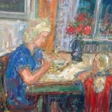 Original mid-century Swedish oil on canvas – “Family” by Eric With – vintage & framed – 75 × 91 cm (29.5" × 35.8")