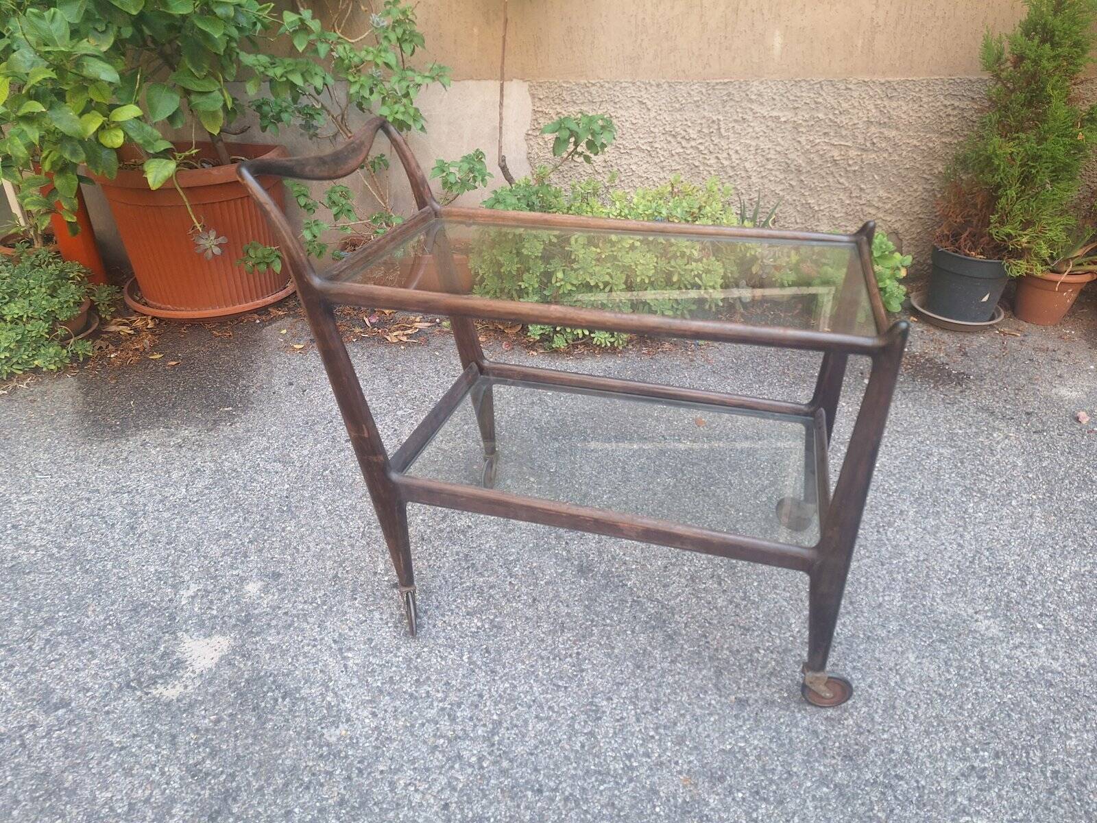 Wooden Trolley with Glass Shelves and Wheels from de Baggis, 1950s