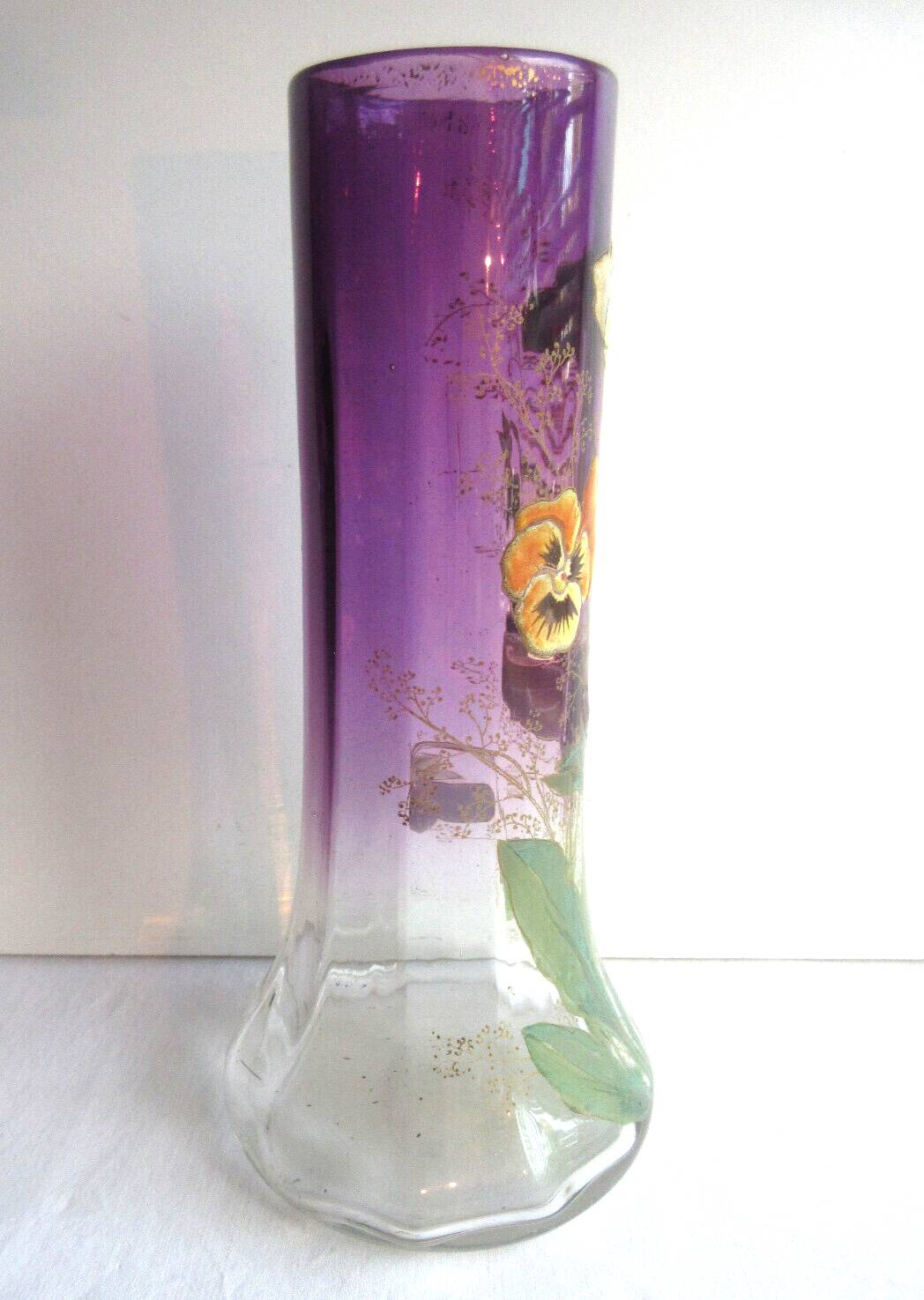 Legras enameled vase, multicolored pansies, colorless gradient purple glass