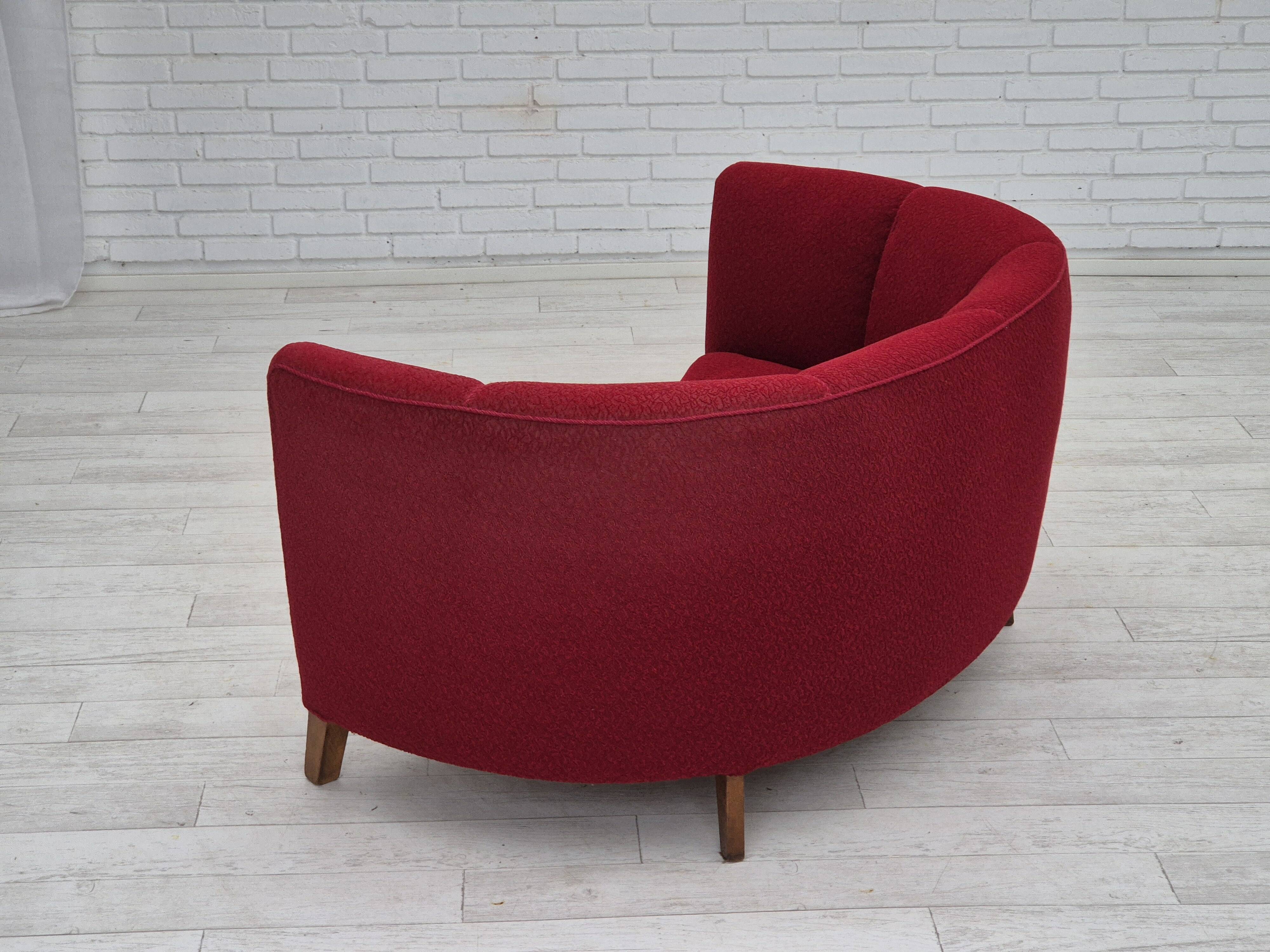 1960s, Danish 2-seater curved sofa, original red furniture fabric.