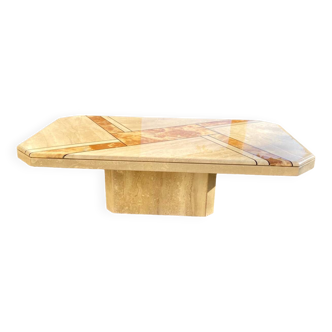 Table basse vintage rectangulaire travertin, onyx, marbre de style