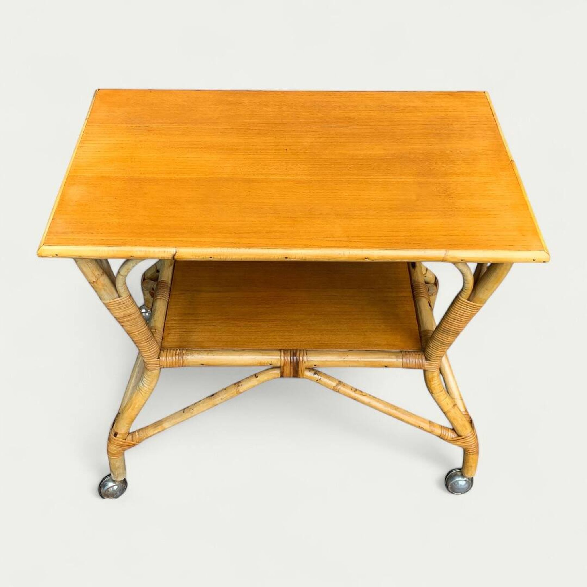 Desserte vintage en rotin et chêne 1960