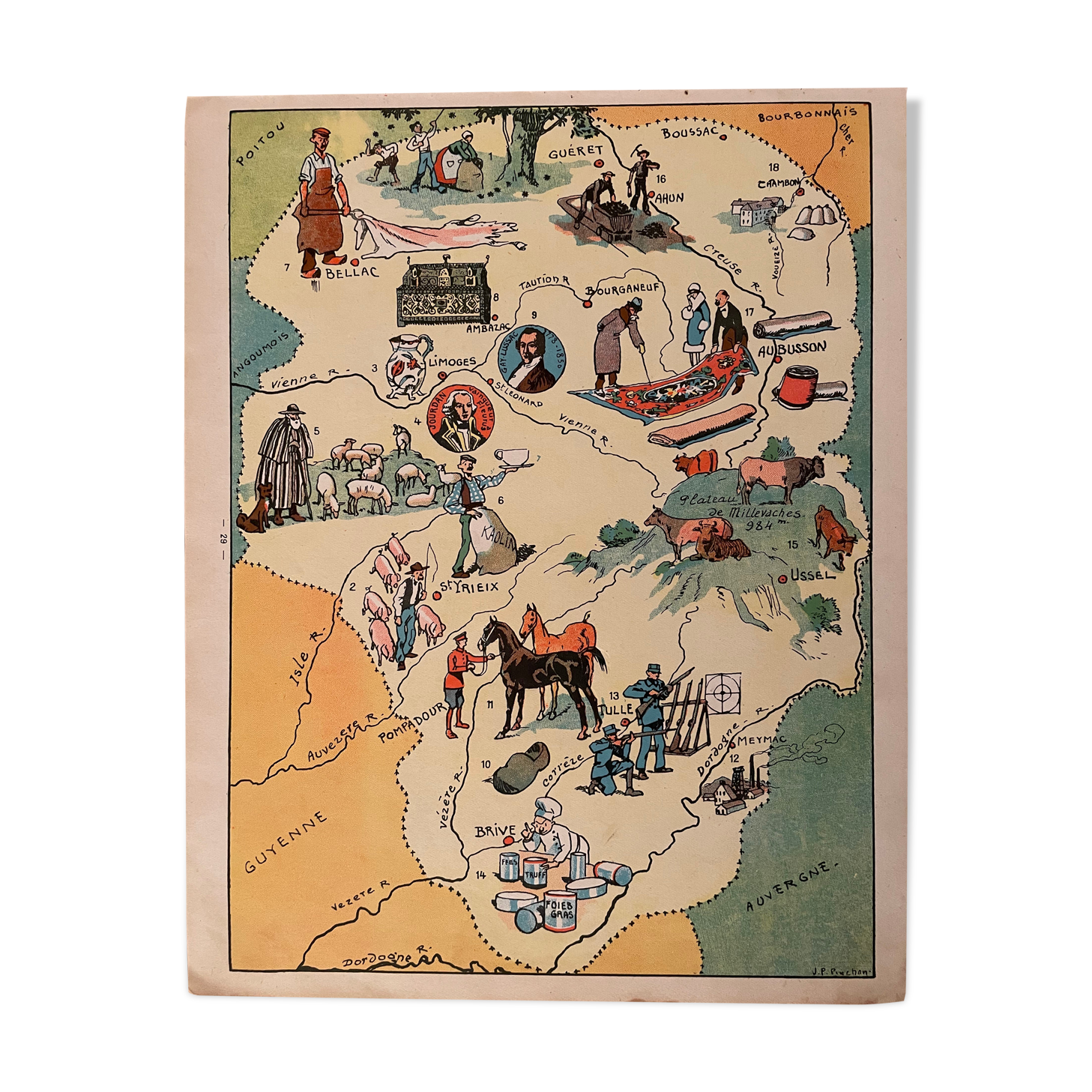 Old illustrated map of the Limousin - JP Pinchon