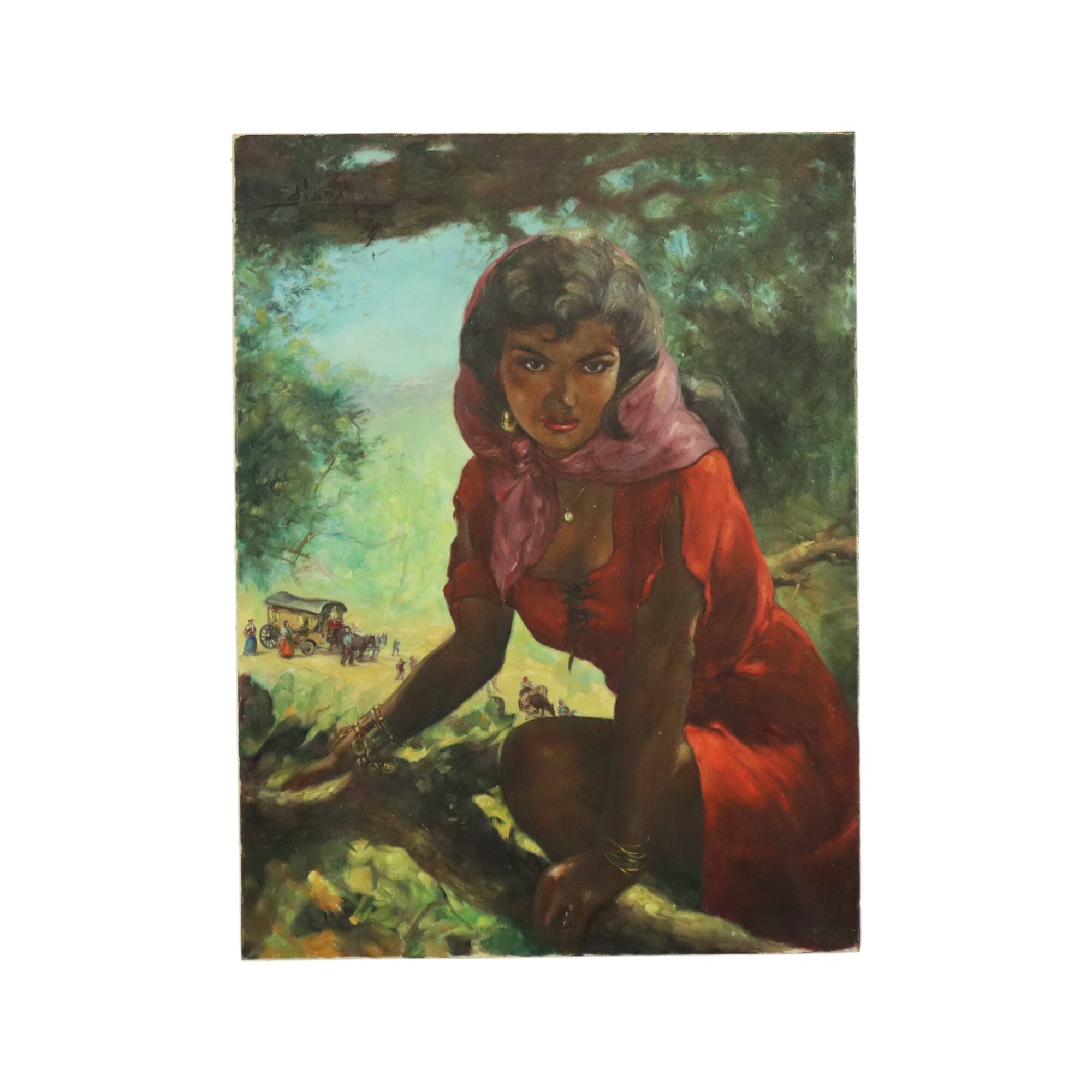 Large Painting Gypsy Young Woman Oil on Canvas 1964