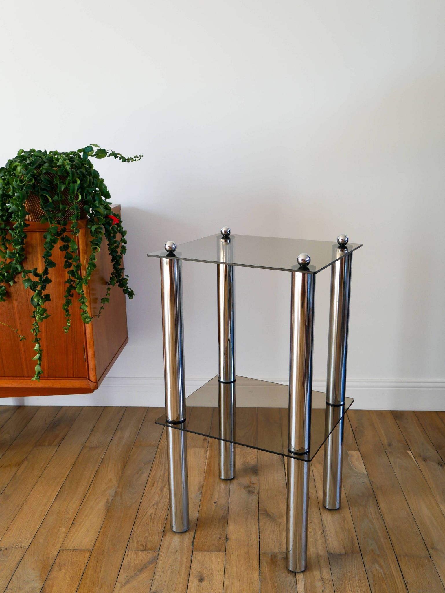 Bolster in chrome and smoked glass, double floors, Design, 1970