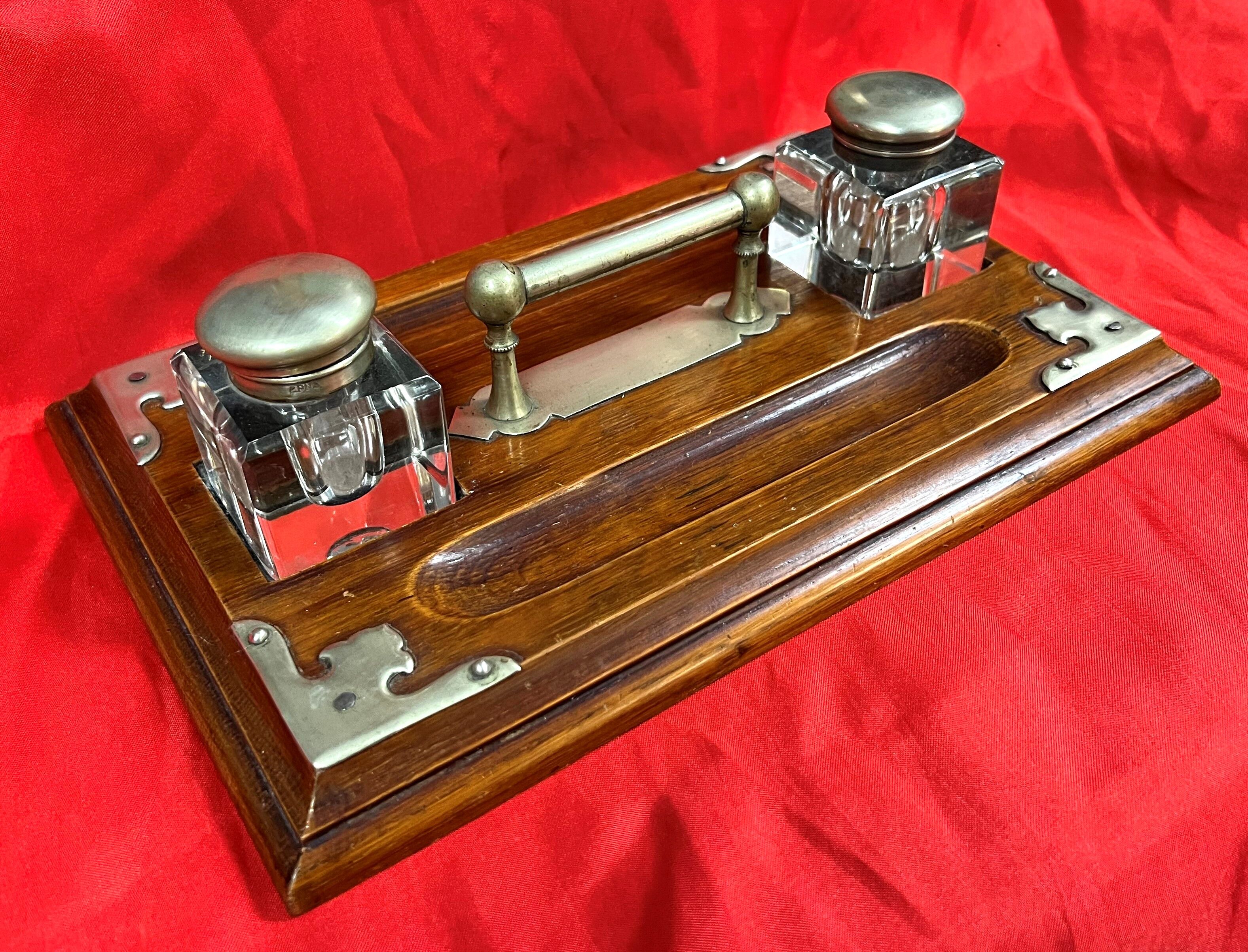 Napoleon III era inkwell in oak and metal