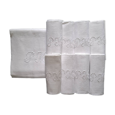 Nappe monogrammée ancienne et 8 serviettes de table