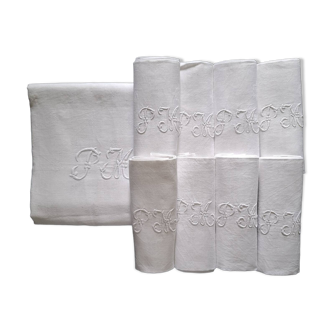 Nappe monogrammée ancienne et 8 serviettes de table