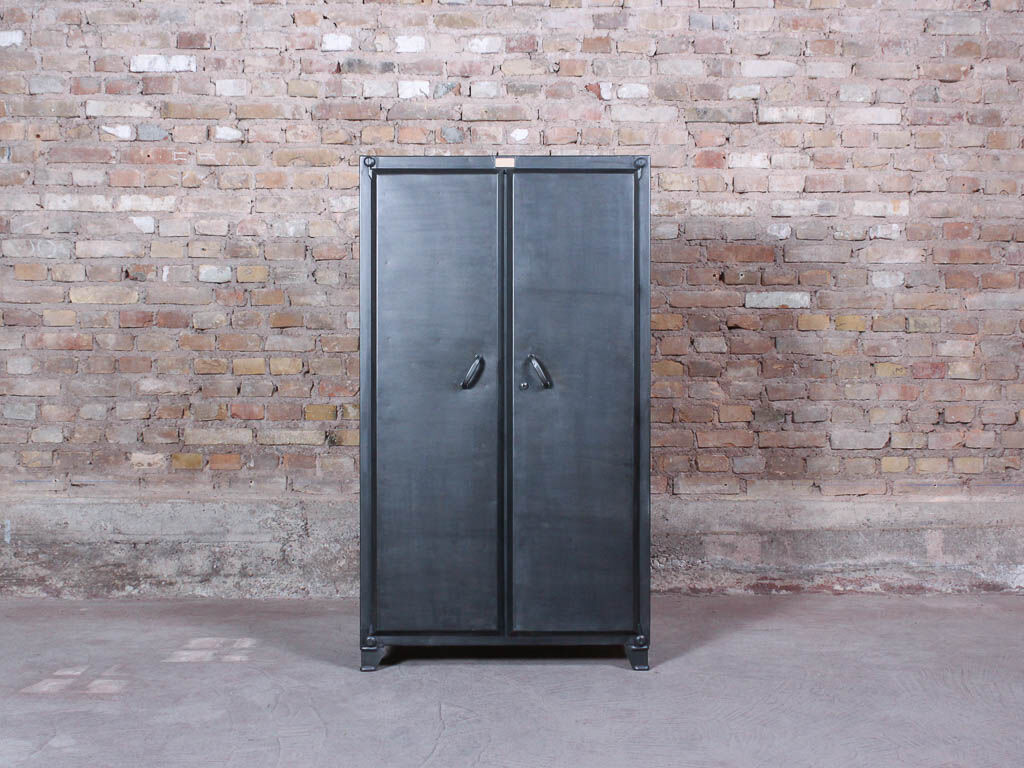 Industrial storage cabinet with 2 brushed steel swing doors, circa 1950